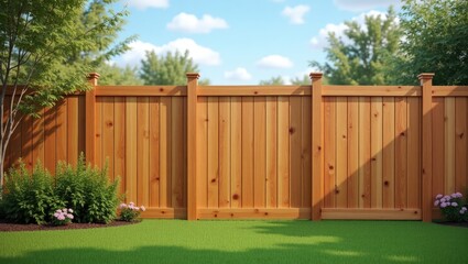 Wooden fence with gate in a backyard setting.