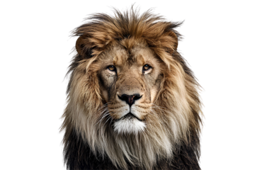 Majestic lion head with detailed mane facing forward isolated on a transparent background