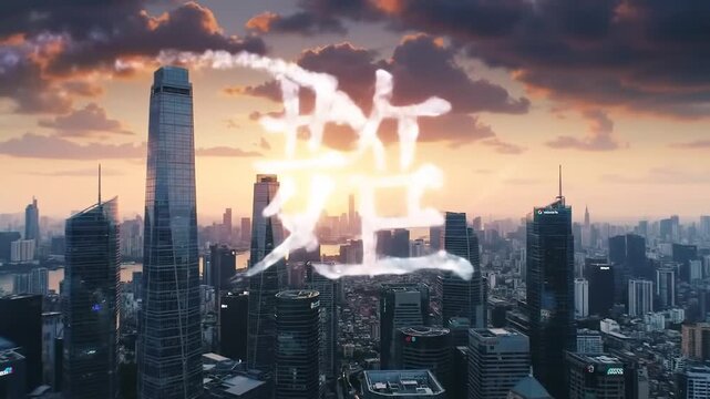 Skywriting Drone Drawing Symbols Over Megacity