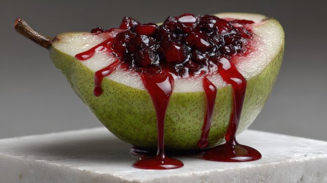 Mercury contamination evident in halved pear from Culiacan, Mexico with crimson droplets