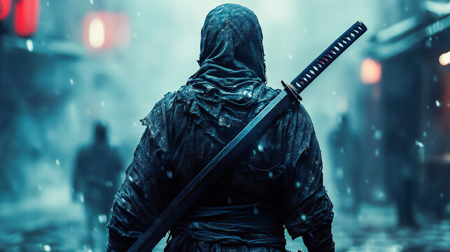 Back of ninja with katana sword, black shinobi samurai with no master