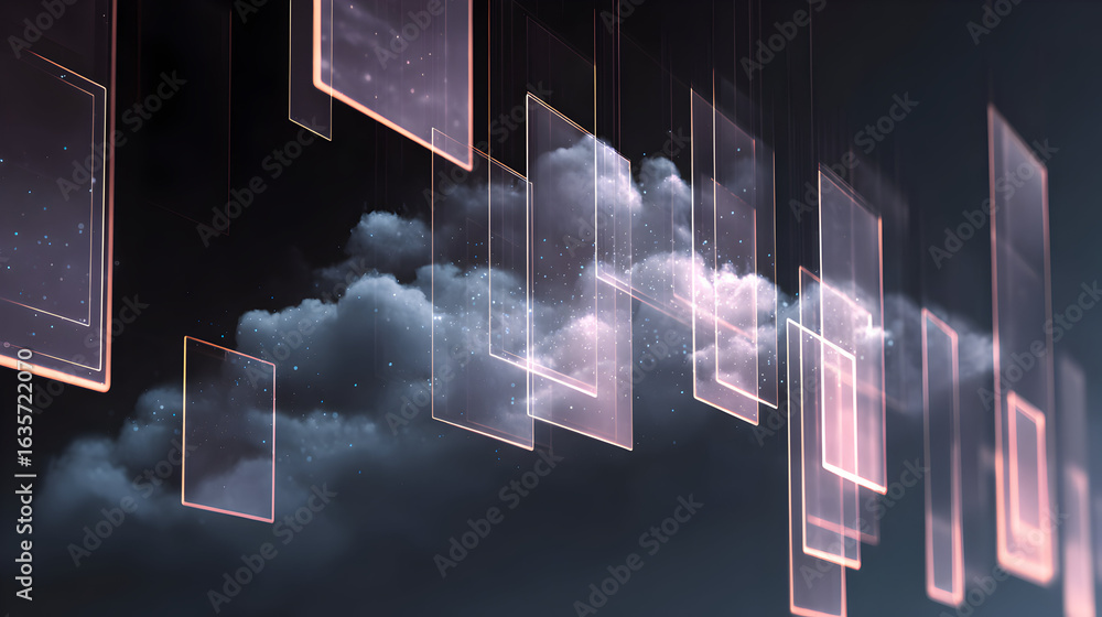 Poster abstract modern sky design with translucent rectangles and ethereal clouds an inspiring and creative