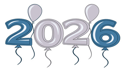 Obraz premium Glossy Foil Balloon Numbers “2026” in Gold and Silver with Floating Ribbons – Modern New Year Celebration Vector Art and PNG Clip Art