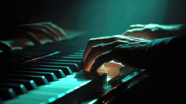 Dynamic performance of keyboardist illuminated by cyan spotlight against black background