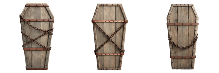 Set For old wooden coffins with chains isolated on transparent background evoke a spooky scene
