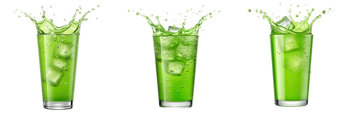 Refreshing green drink with ice cubes splashing in Set For glasses isolated on transparent background