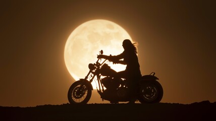 Fototapeta premium Silhouette of a biker on a motorcycle enjoying the view of a full moon in the desert during dusk.