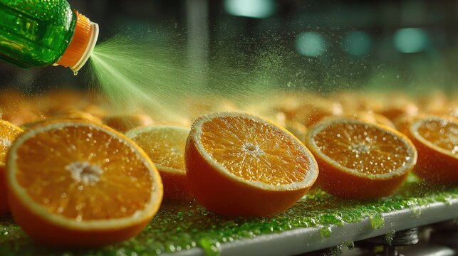 Bromination solution sprayed on organic orange halves in Orlando juicing line