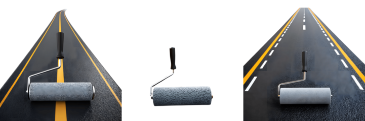 A Set For paint roller is used to create a road with yellow and white lines isolated on transparent background