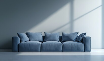 3D rendered minimalist blue sofa with soft shadows and reflections against empty wall background, showcasing modern home interior design concept
