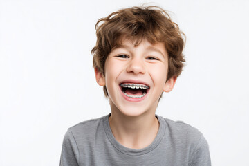 Selective focus kid with braces isolated on white background, Close up shot healthy teeth with braces in dental clinic, Smiling boy with braces.