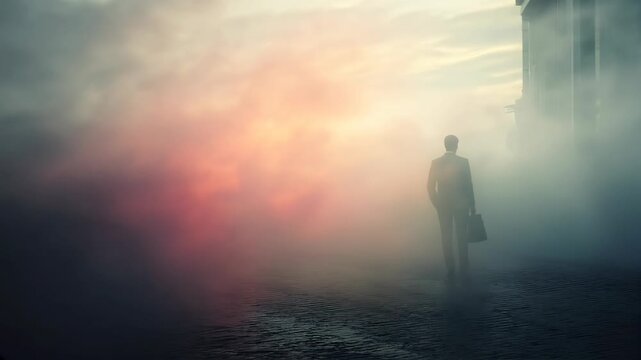 Stylish animation of a businessman walking down a foggy street carrying a briefcase, showcasing a modern and mysterious urban atmosphere.