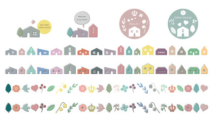 006くすみカラーの家と植物のイラストセット