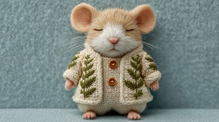 Fototapeta premium Charming mouse in a bamboo romper with fern embroidery on a blue background