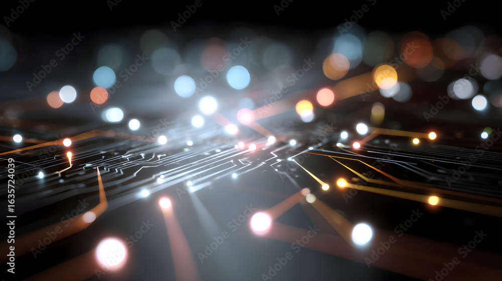 Poster circuit board design with glowing fiber optic cables representing high speed data networks illustrat