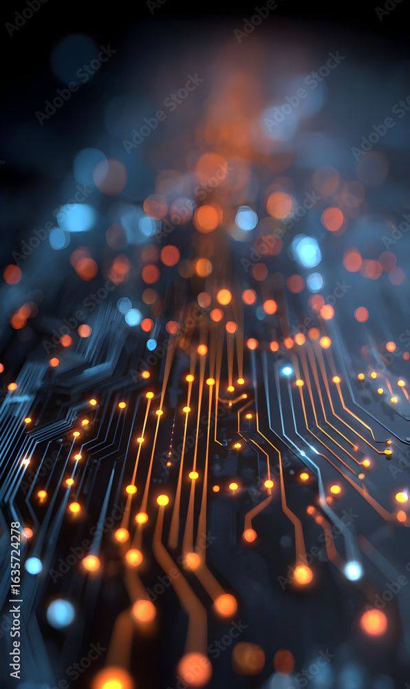 Poster abstract circuit board design with glowing nodes perfect for illustrating high tech connectivity and