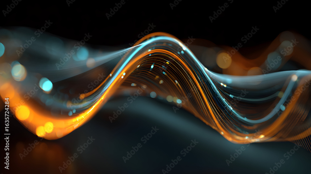 Poster abstract flowing light trails illuminate a smooth futuristic wave in brilliant orange and teal tones