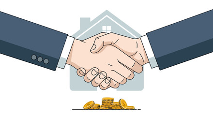 A vector illustration depicting a hand passing a set of keys to another hand. This clean, symbolic graphic represents the concepts of a home mortgage, real estate transactions, and property ownership.