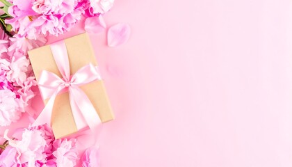 Pastel pink gift box surrounded by peonies