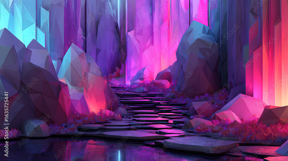 Poster mystical low poly crystal cave with glowing colors and reflective pool creating a surreal and captiv
