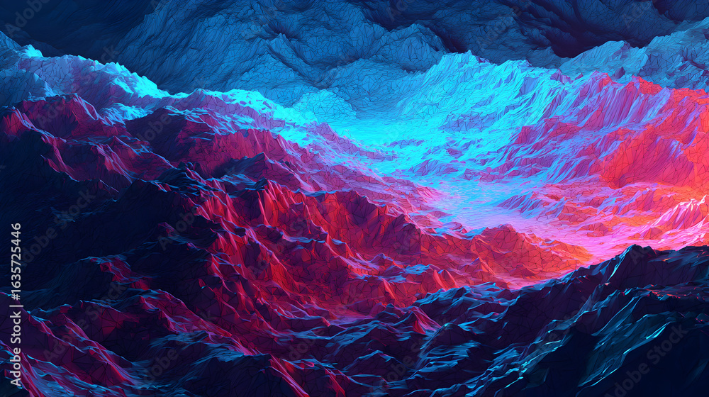 Aufkleber dramatic landscape with blue and red illuminated rock formations abstract textured mountain range gl
