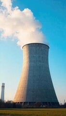 A modern, efficient power plant cooling tower emitting a gentle plume of vapor against a clear blue sky Clean energy, sustainable technology, industrial infrastructure , industry, machinery
