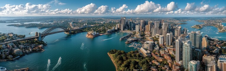Skyline of Sydney on sunny day, with Opera House and Harbour Bridge prominent, captured from high vantage point. Blue sky with minimal clouds, urban landscape, cityscape photography
