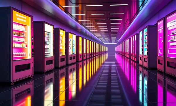 Abstract Long Corridor Lined With Illuminated Vending Machines Displaying Neon Color Palette Reflections Across Glossy Floor