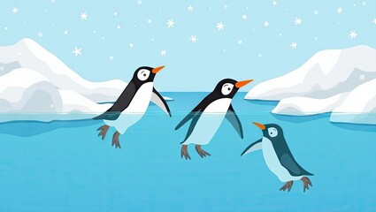 Fototapeta premium Three penguins swim in icy water near icebergs.