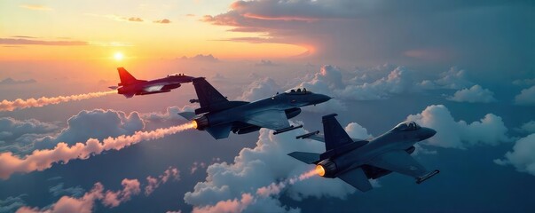 A squadron of sleek fighter jets soaring through a dramatic sky, leaving vapor trails Perfect for military, aviation, and power themes , supersonic, national security, aviation