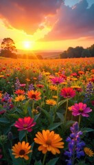 Fototapeta premium A vibrant sunrise over a field of wildflowers, symbolizing the joyful opportunities found in nature's beauty and the promise of a new day , golden hour, landscape, opportunity