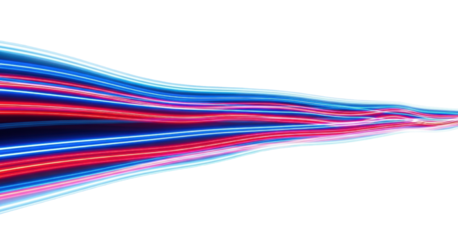 Abstract, glowing light trails in vibrant blue, red, and magenta hues, dynamically accelerating from left to right on a clean, transparent studio background with copy space, creating a sense of