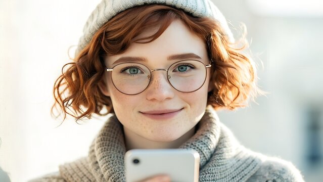 Young woman with red hair and glasses holding a smartphone - Powered by Adobe