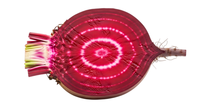 A vibrant half of beetroot, isolated on transparent background, reveals concentric circles of deep red and white, showcasing its fresh and healthy nature
