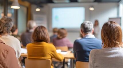 Fototapeta premium Engaged Audience in Modern Conference Room Attending Professional Presentation on Business Strategies and Team Collaboration Techniques for Corporate Growth