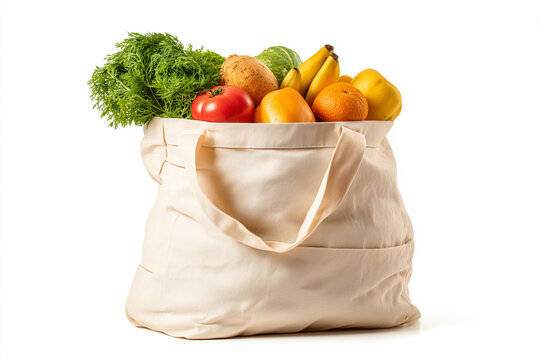 Portrait of woman holding grocery bag from market isolated on white background, Selective focus groceries bag with plenty of fresh vegetable.