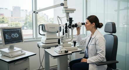 Female ophthalmologist using advanced equipment for eye examination.  High-tech medical technology in a modern clinic setting. Professional healthcare and vision care.