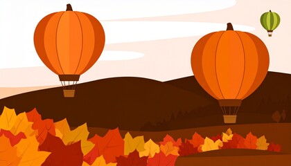 Autumn landscape with pumpkin hot air balloons over colorful foliage vector art