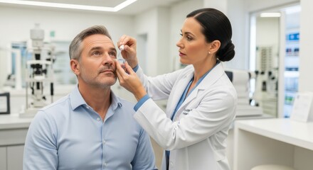 Female ophthalmologist applying eye drops to a male patient during an eye exam in a modern clinic.  Professional healthcare, vision care, and medical treatment.