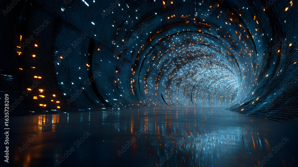 Poster futuristic tunnel with glowing particles and reflective floor abstract space corridor with digital i