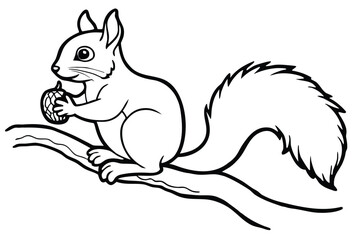 Line art drawing of a squirrel holding a nut on a branch
