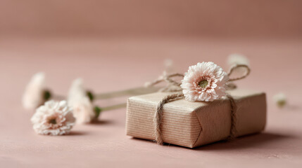 beautifully wrapped small gift in kraft paper tied with rope cross sits elegantly
