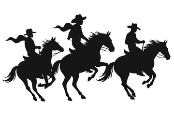 Vector art of three cowboys riding horses in a gallop silhouette isolated on white background
