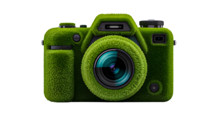 Grass covered dslr camera isolated on white background

