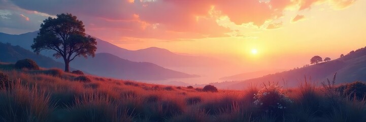 Serene landscape bathed in the soft glow of dawn, ideal for peaceful and reflective projects  The subtle colors and textures evoke a sense of calm and tranquility , sunrise,  environment