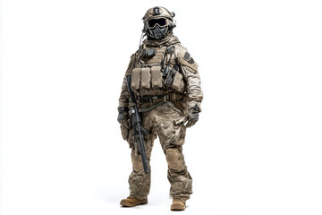 Fototapeta premium Portrait of elegant military soldier isolated on white background, Selective focus army with full gear and bulletproof vest.
