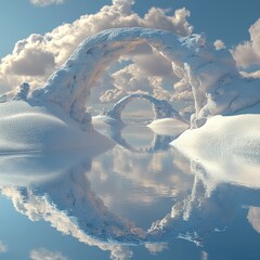 Surreal Beautiful Dream land background. Abstract Dune in winter season landscape with geometric arch. Fantasy island scenery with water and natural cloudy sky. Metallic mirror arch. 3d render.