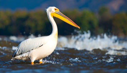 Pelican wading in shallow water