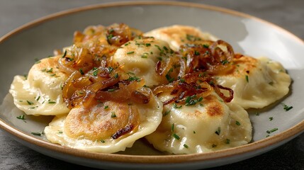 Close-up pierogi with caramelized onions on plate.