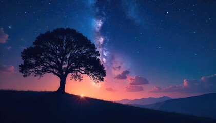 Silhouette of a lone tree against a star-filled night sky, conveying a sense of peace and spiritual reflection  Perfect for meditation, yoga, or spiritual themes ,  reflection,  nocturnal,  hope